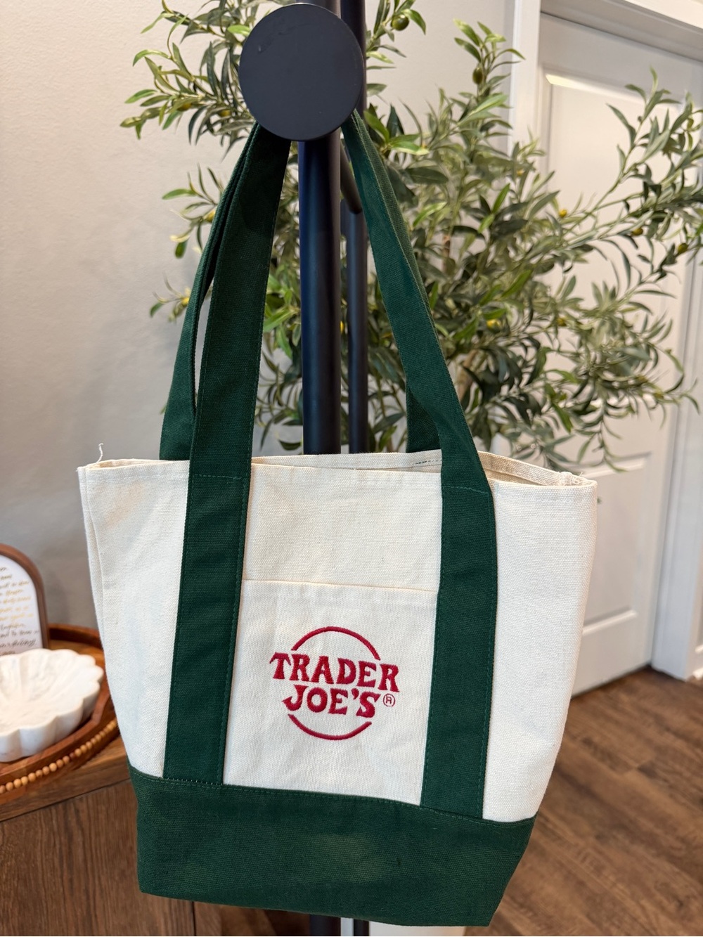 Trader Joe's Cream and Dark Green Canvas Mini Tote Bag